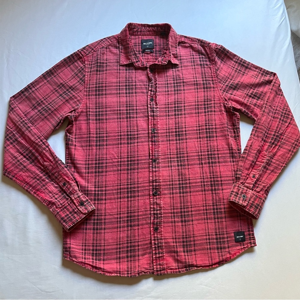 ONLY &‎ SONS red plaid cotton long sleeve button up shirt